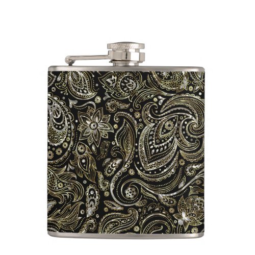 Black  Metallic Silver With Gold Floral Paisley Hip Flask