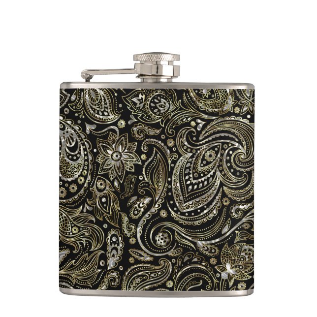 Black & Metallic Silver With Gold Floral Paisley Hip Flask (Front)