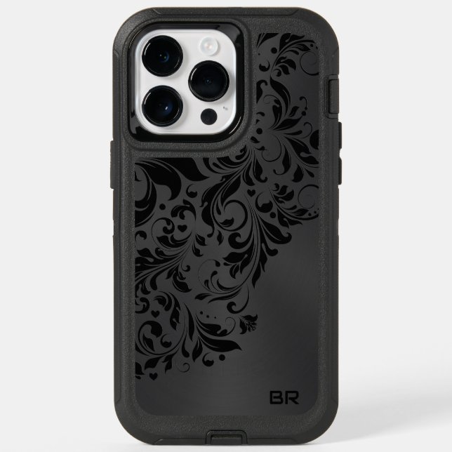 Black Metallic Texture & Black Floral Lace Otterbox iPhone Case (Back)