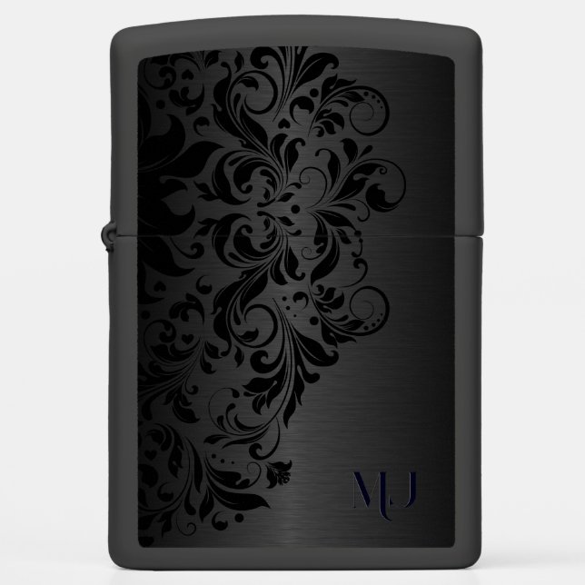 Black Metallic Texture & Black Floral Lace  Zippo Lighter (Front)