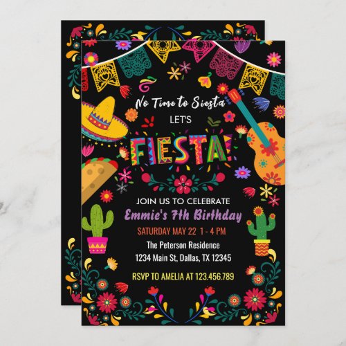 Black Mexican Birthday Party Fiesta No Siesta  Invitation