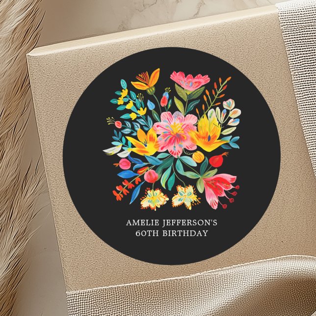 Black Mexican Bright Floral Fiesta Favor Classic Round Sticker (Creator Uploaded)