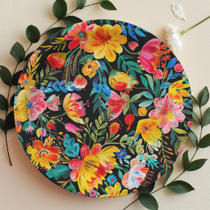 Black Mexican Bright Floral Fiesta Paper Plate