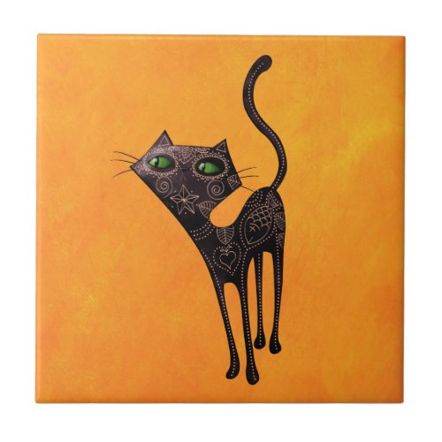 Black Mexican Day of The Dead Cat Ceramic Tile