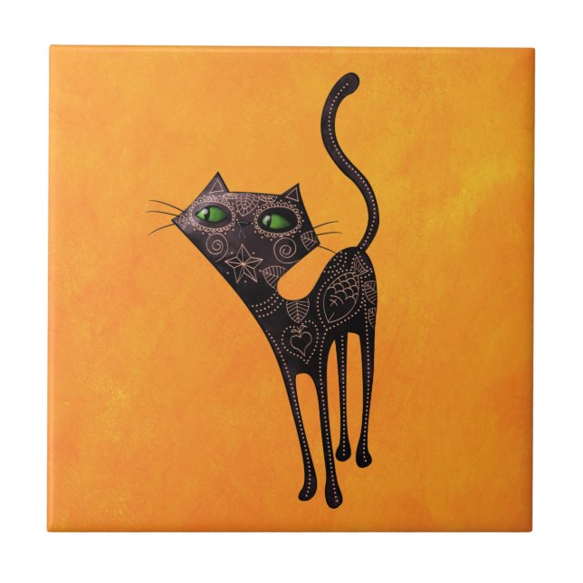 Black Mexican Day of The Dead Cat Ceramic Tile (Front)