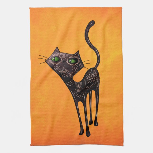 Black Mexican Day of The Dead Cat Towel (Vertical)