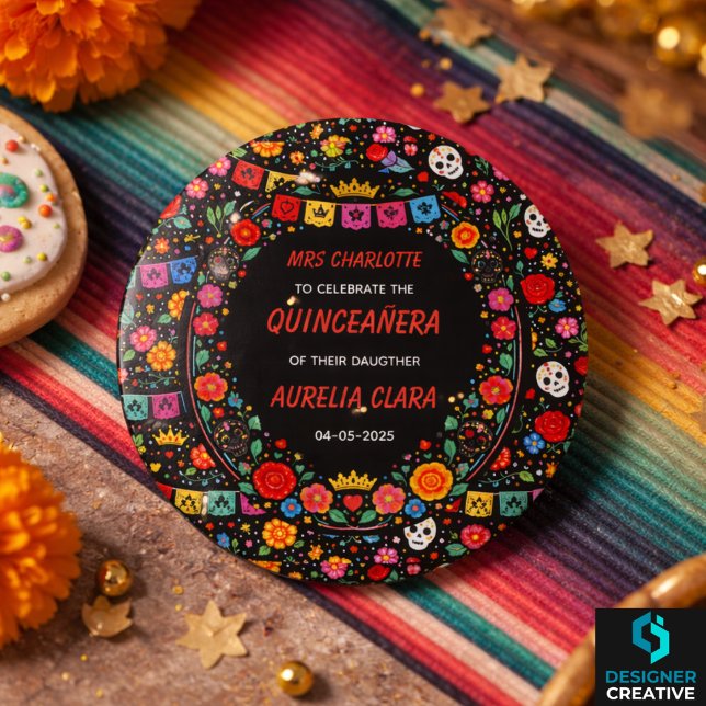 Black Mexican Fiesta Floral Gold Tiara Quinceañera Button (Black Mexican Fiesta Floral Gold Tiara Quinceañera Button)