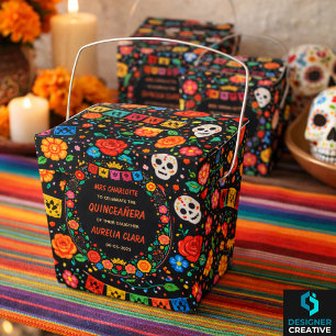 Black Mexican Fiesta Floral Gold Tiara Quinceañera Favor Boxes