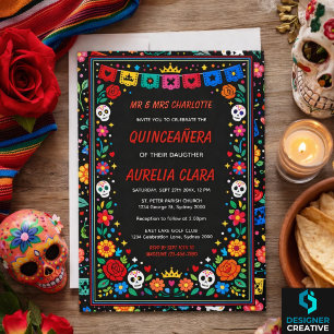 Black Mexican Fiesta Floral Gold Tiara Quinceañera Invitation