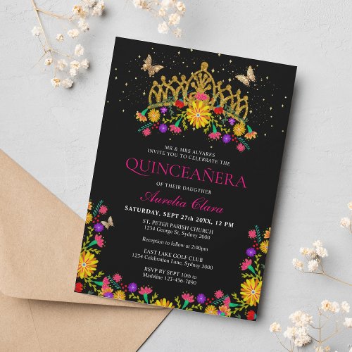 Black Mexican Fiesta Floral Gold Tiara Quinceanera Invitation