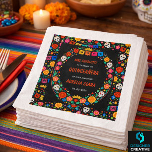 Black Mexican Fiesta Floral Gold Tiara Quinceañera Napkins