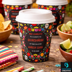 Black Mexican Fiesta Floral Gold Tiara Quinceañera Paper Cups