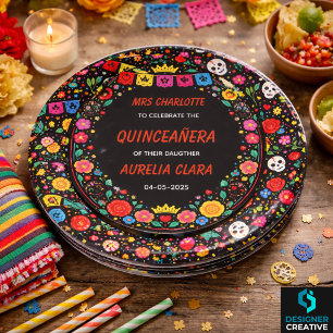 Black Mexican Fiesta Floral Gold Tiara Quinceañera Paper Plates