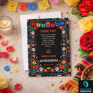 Black Mexican Fiesta Floral Gold Tiara Quinceañera Thank You Card
