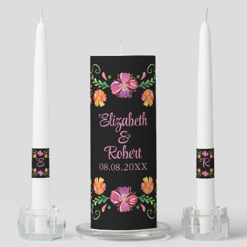 Black Mexican Fiesta Floral Wedding Unity Candle Set