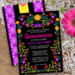 Black Mexican Fiesta Folk Art Floral Quinceanera Invitation<br><div class="desc">Elegant and pretty Quinceañera Invitation for your daughter's 15th Birthday celebration. This Mexican Quinceañera theme features bright and colorful Mexican folk art flowers in red, pink, purple and yellow on a black background. The back of the card has Mexican fiesta, floral papel picado in bright purple, yellow and pink. The...</div>