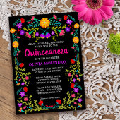 Black Mexican Fiesta Folk Art Floral Quinceanera Invitation | Zazzle