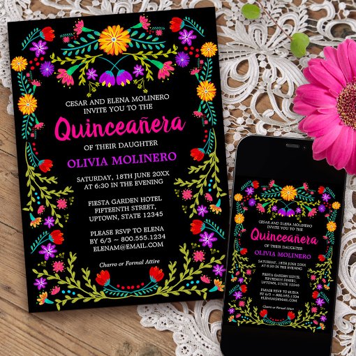 Black Mexican Fiesta Folk Art Floral Quinceanera Invitation | Zazzle