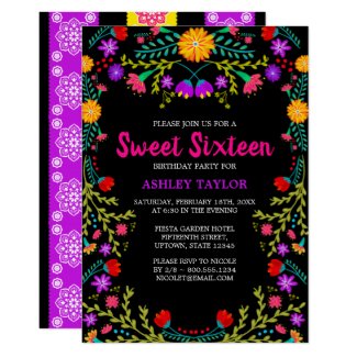 Black Mexican Fiesta Folk Art Floral Sweet Sixteen Invitation