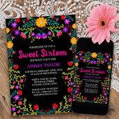 Black Mexican Fiesta Folk Art Floral Sweet Sixteen Invitation