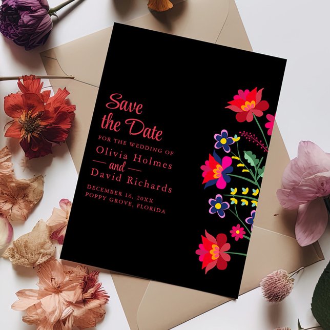 Black Mexican Floral Fiesta Save the Date Card (Black Mexican Floral Fiesta Save the Date Card on a table with colorful flowers.)