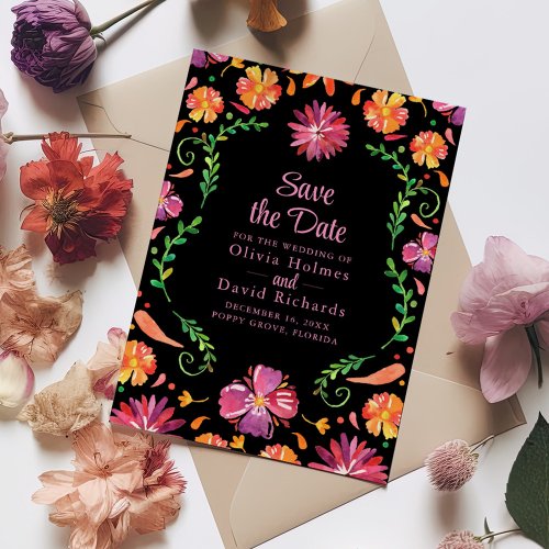 Black Mexican Floral Fiesta Save the Date Invitation