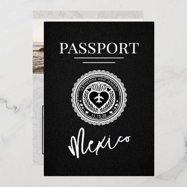 Black Mexico Passport Wedding Foil Invitation (Front/Back)