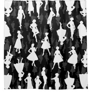 black mid century 1950s vintage silhouette women shower curtain