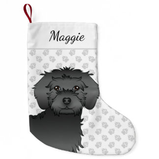 Black Mini Goldendoodle Cartoon Dog Head &amp; Name Small Christmas Stocking