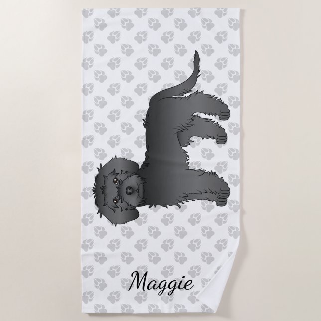 Black Mini Goldendoodle Cartoon Dog & Name Beach Towel (Front)