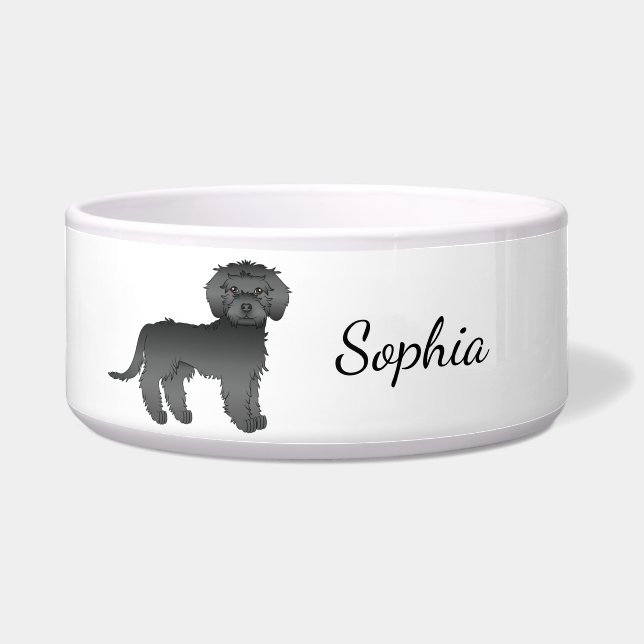 Black Mini Goldendoodle Cartoon Dog & Name Bowl (Front)