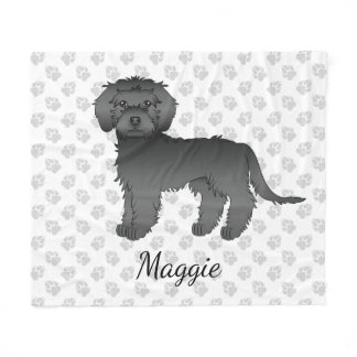 Black Mini Goldendoodle Cartoon Dog &amp; Name Fleece Blanket