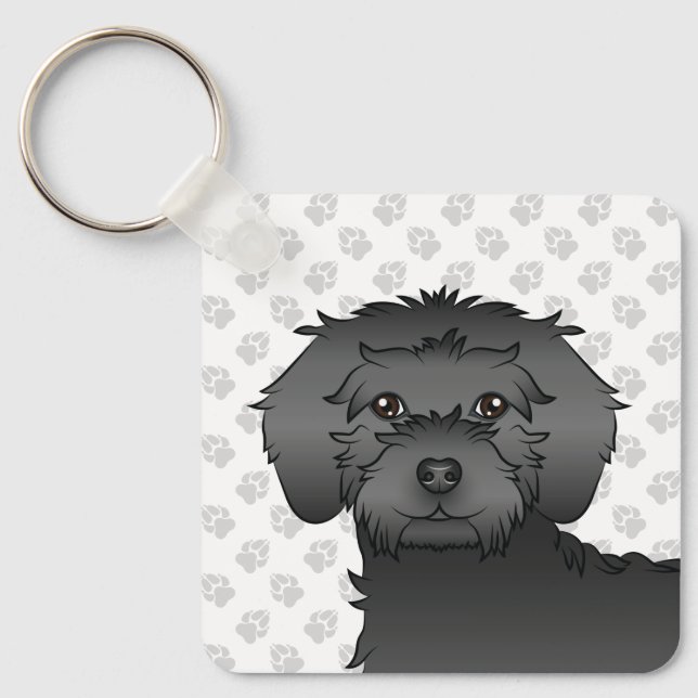 Black Mini Goldendoodle Cartoon Dog & Name Keychain (Front)