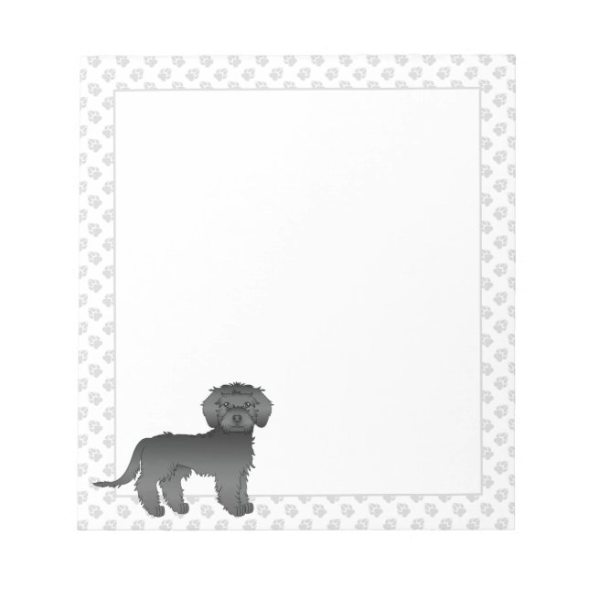 Black Mini Goldendoodle Cartoon Dog & Paws Notepad (Front)