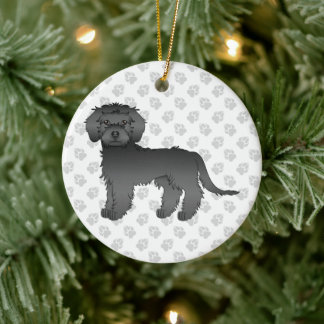 Black Mini Goldendoodle Cartoon Dog &amp; Text Ceramic Ornament