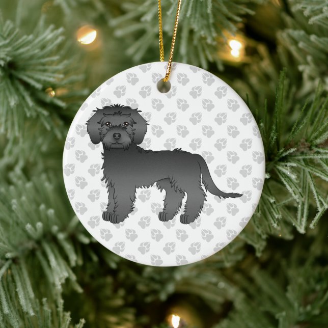 Black Mini Goldendoodle Cartoon Dog & Text Ceramic Ornament (Tree)