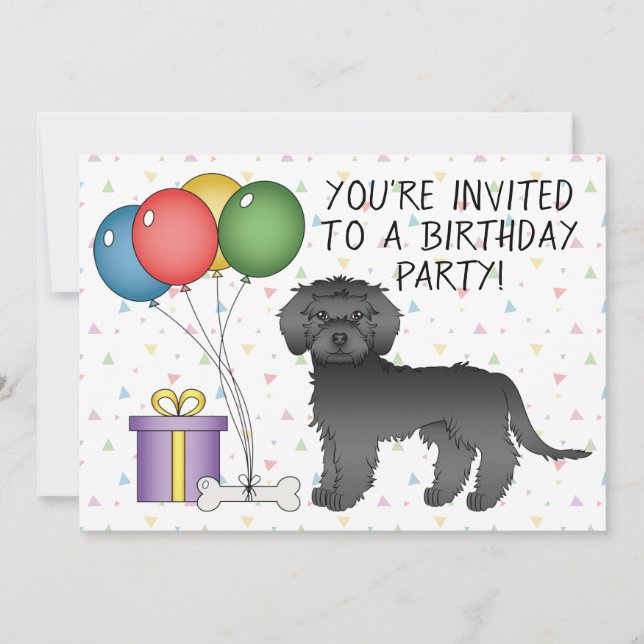 Black Mini Goldendoodle Cute Cartoon Dog Birthday Invitation (Front)
