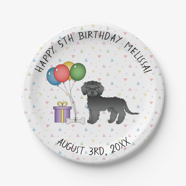 Black Mini Goldendoodle Cute Cartoon Dog Birthday Paper Plates (Front)