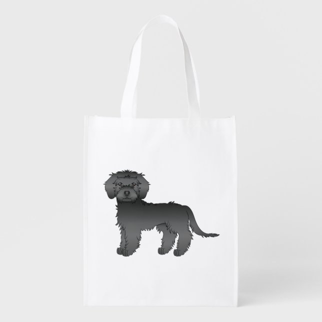 Black Mini Goldendoodle Cute Cartoon Dog Grocery Bag (Front)