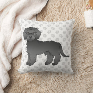 Black Mini Goldendoodle Cute Cartoon Dog & Paws Throw Pillow