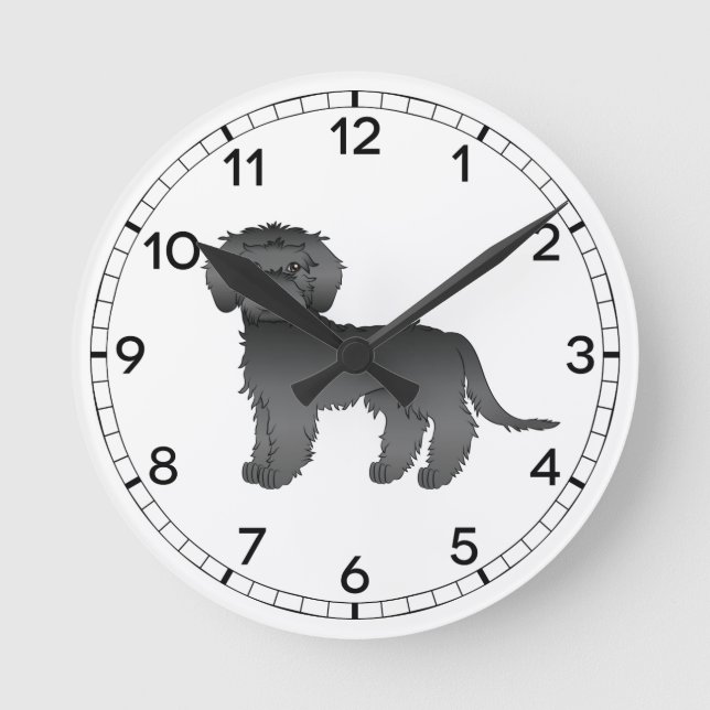 Black Mini Goldendoodle Cute Cartoon Dog Round Clock (Front)