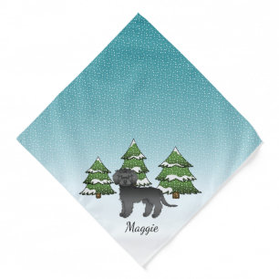 Black Mini Goldendoodle Dog In A Winter Forest Bandana