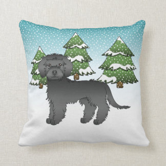 Black Mini Goldendoodle Dog In A Winter Forest Throw Pillow