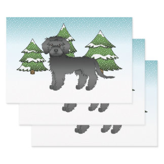 Black Mini Goldendoodle Dog In A Winter Forest Wrapping Paper Sheets
