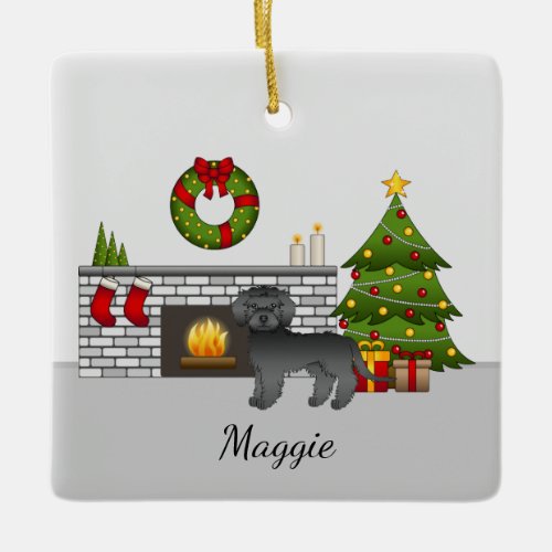 Black Mini Goldendoodle _ Festive Christmas Ceramic Ornament