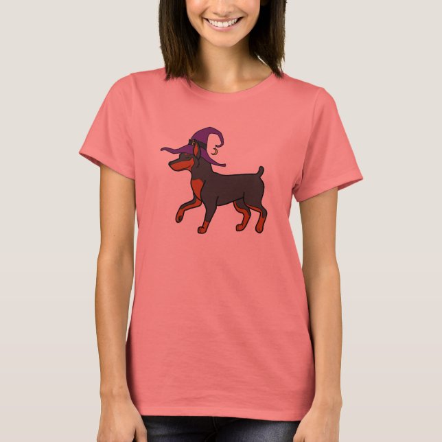 Black Miniature Pinscher with Witch Hat T-Shirt (Front)