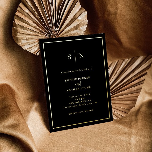 Black Minimal and Chic Border Wedding | Gold Foil Invitation (Creator Uploaded)