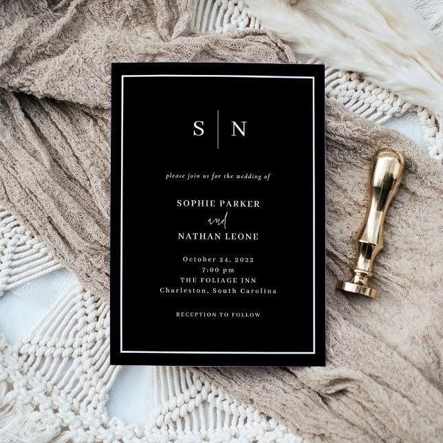 Black Minimal and Chic | White Border Wedding Invitation (A modern and elegant wedding invitation in dark black with your monogram)