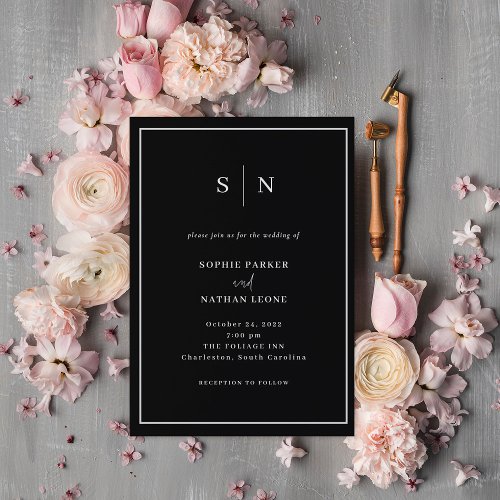 Black Minimal and Chic  White Border Wedding Invitation