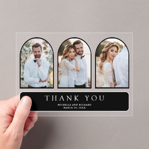 Black Minimal Arch 3 Photo Wedding Thank You Acrylic Invitations